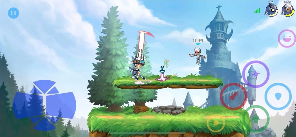 Players duel in forest platformer mobile game level