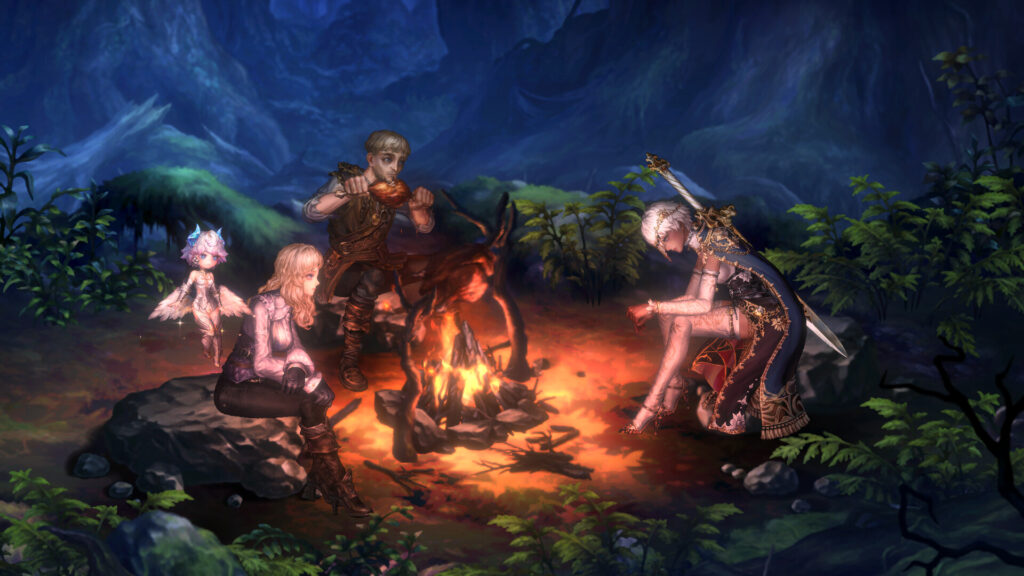 Astra: KOV characters sitting around a fire 