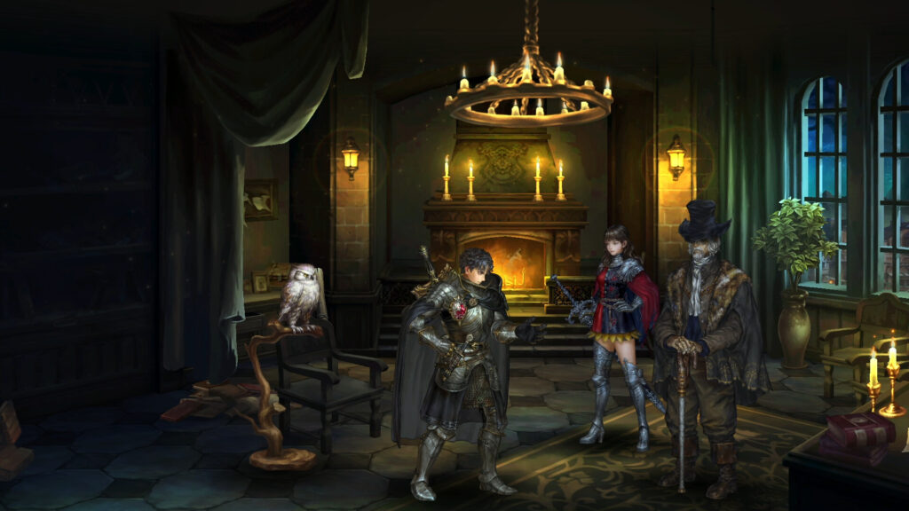 Astra mobile game characters convene in a dimly lit room