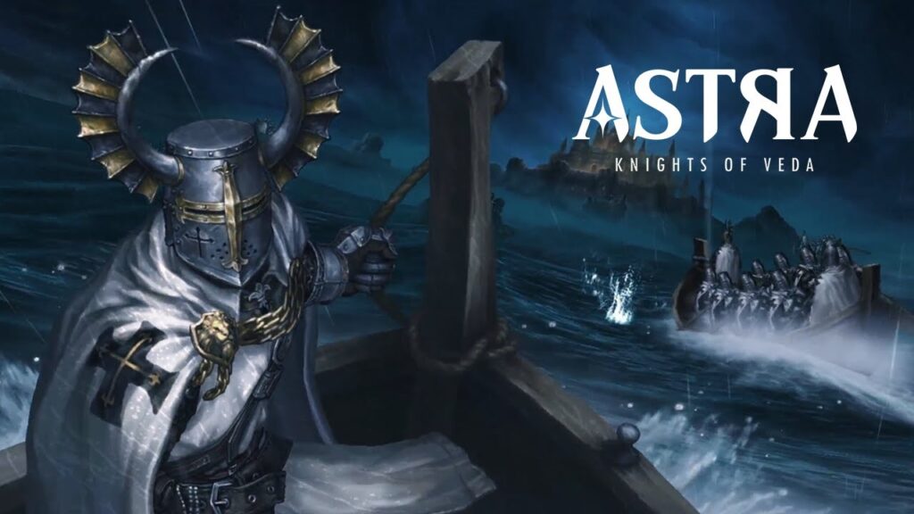 Astra: Knights of Veda shows armored knight steering stormy seas