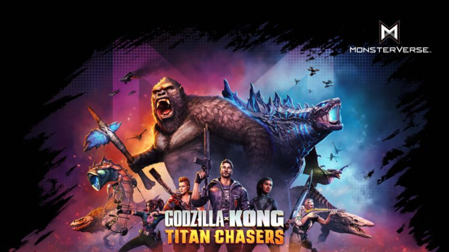 Image shows creatures and characters from Godzilla x Kong Titan Chasers game