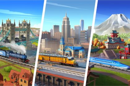 Steam train crosses bridge in free simulation mobile game