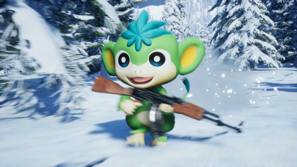 A Palworld character enjoys snowy terrain