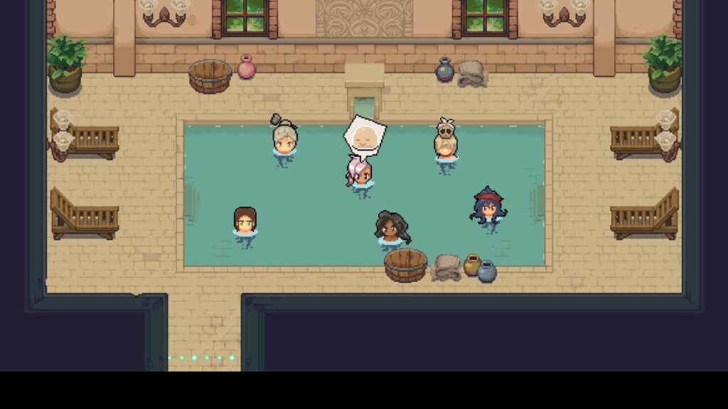 Characters relax in a bathhouse in Potion Permit