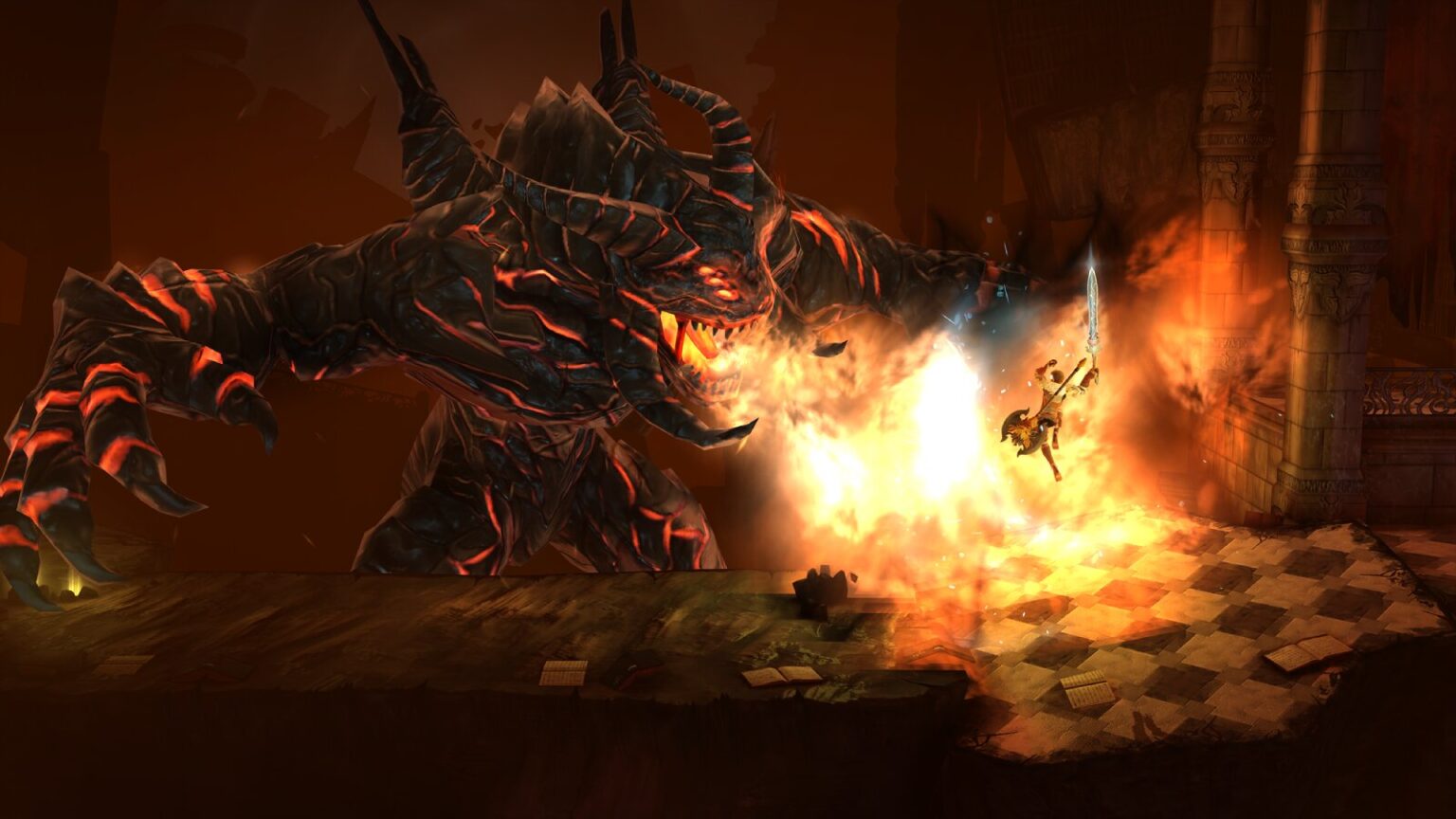 A warrior fights a fiery beast in a hack and slash mobile game