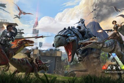 Dinosaur battle scene in mobile game like Palworld