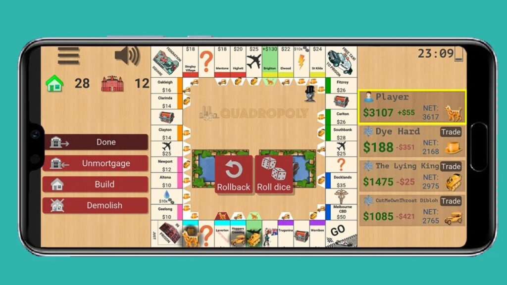 Property trading action in game like Monopoly Go
