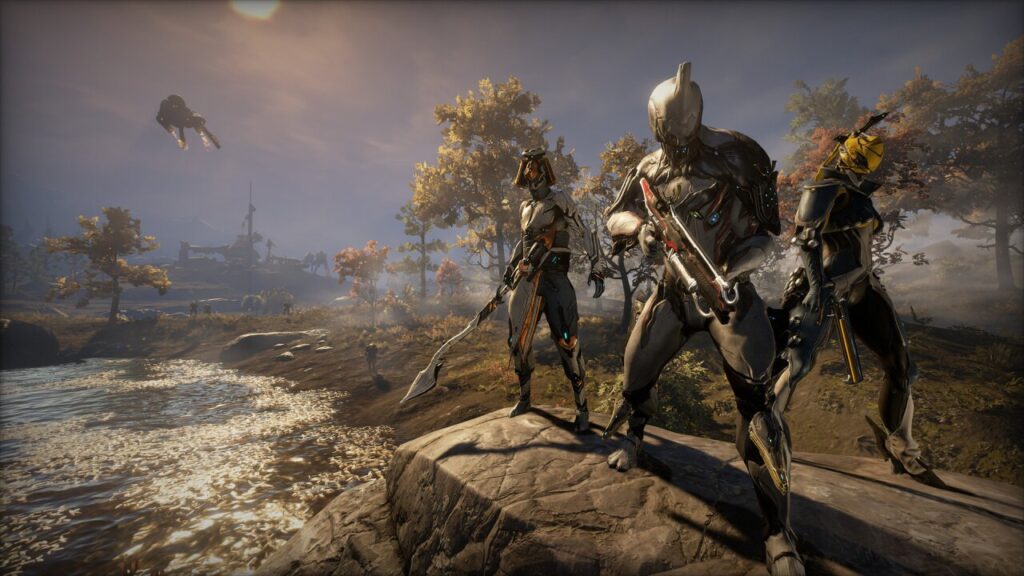 Warframe Mobile showcases armored characters in scenic landscape