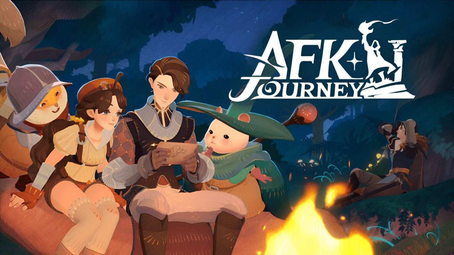 Adventurers relax by fire in AFK Journey