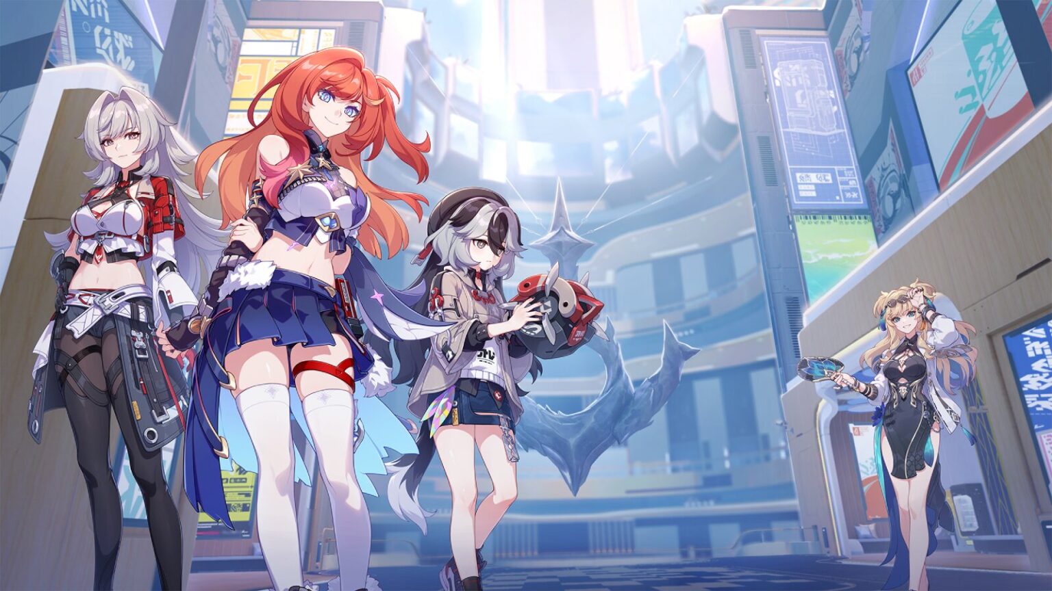 Four anime characters in a futuristic city from a gacha mobile game