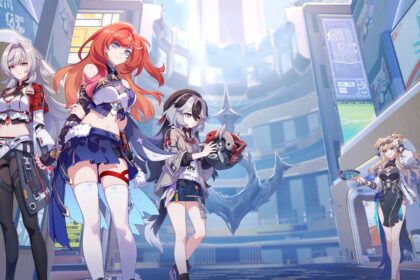 Four anime characters in a futuristic city from a gacha mobile game