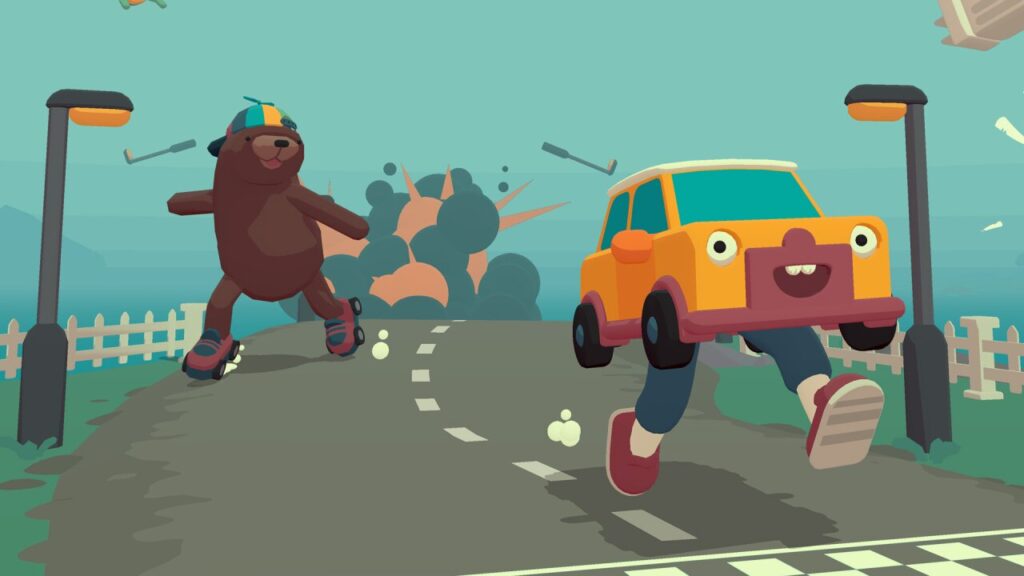 A smiling car and a bear rollerblading in What The Car game