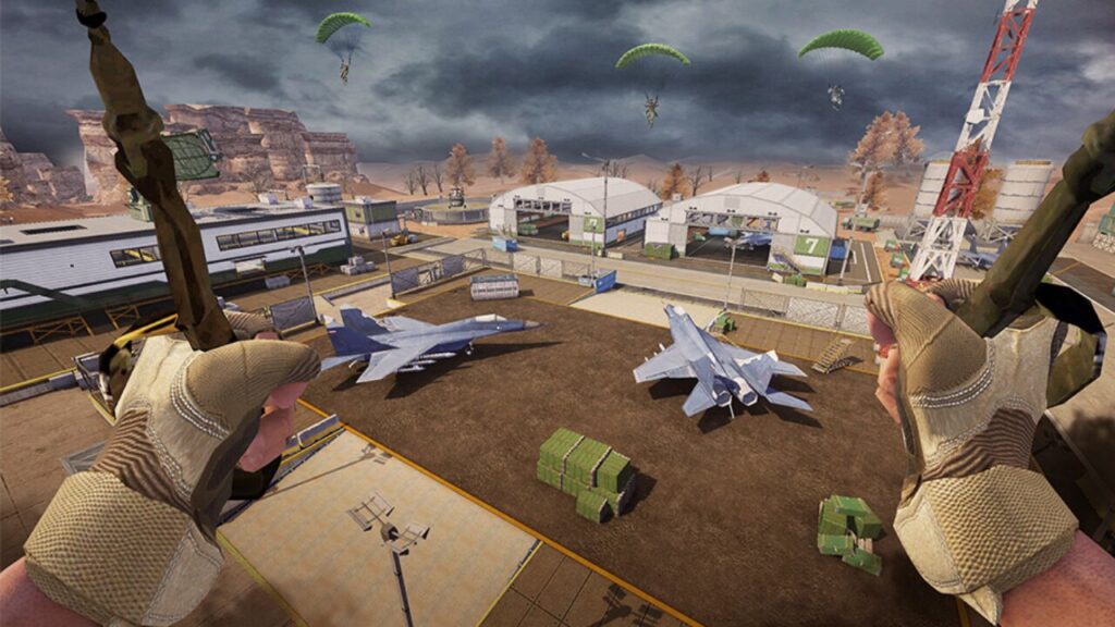 Players descend on a desert airstrip in Blood Strike 2024