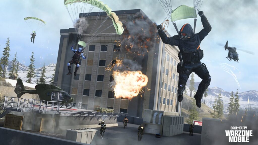 COD Warzone Mobile game image with parachuting players and exploding helicopter