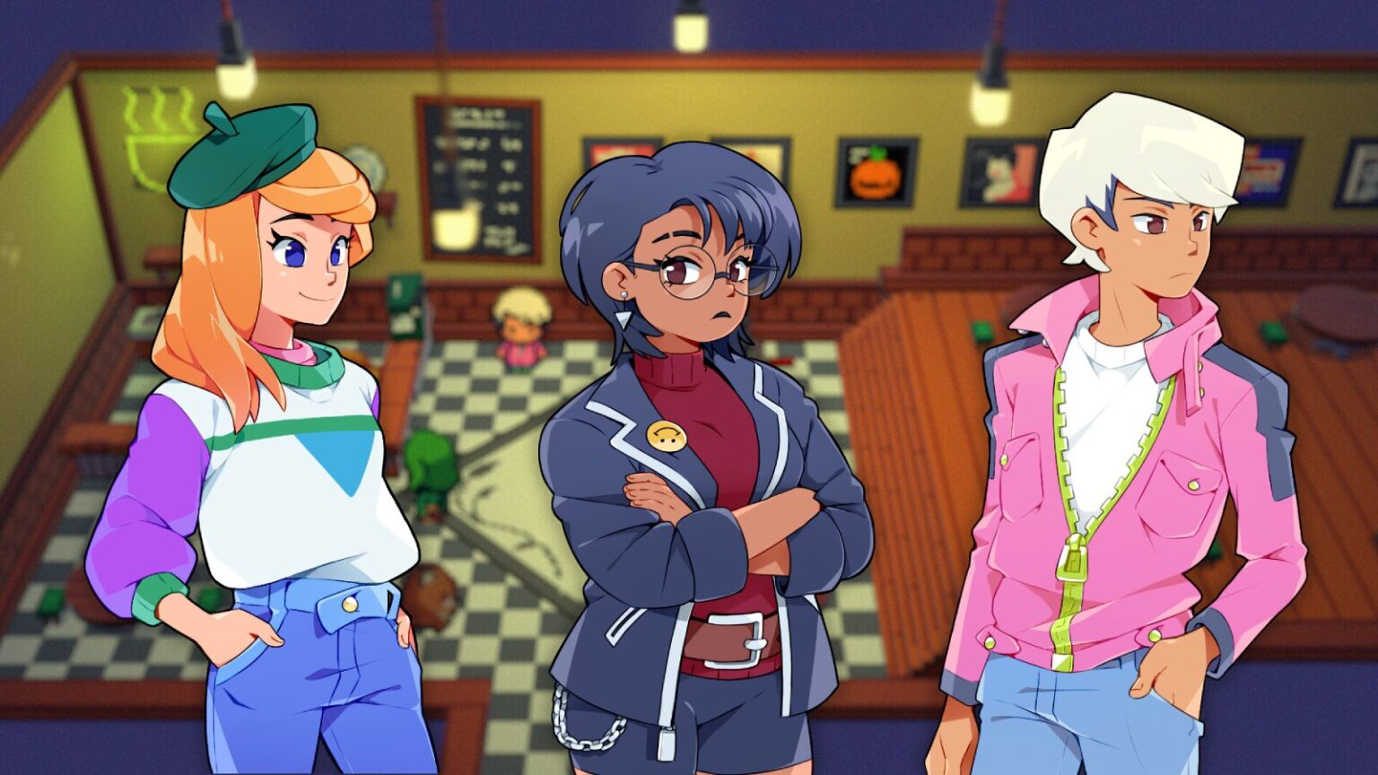 Three Cassette Beasts characters stand confidently in a cafe