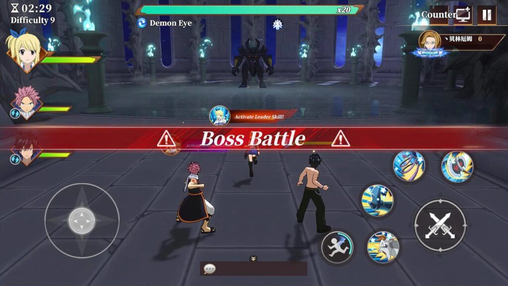 Anime mobile game features characters battling a formidable boss enemy