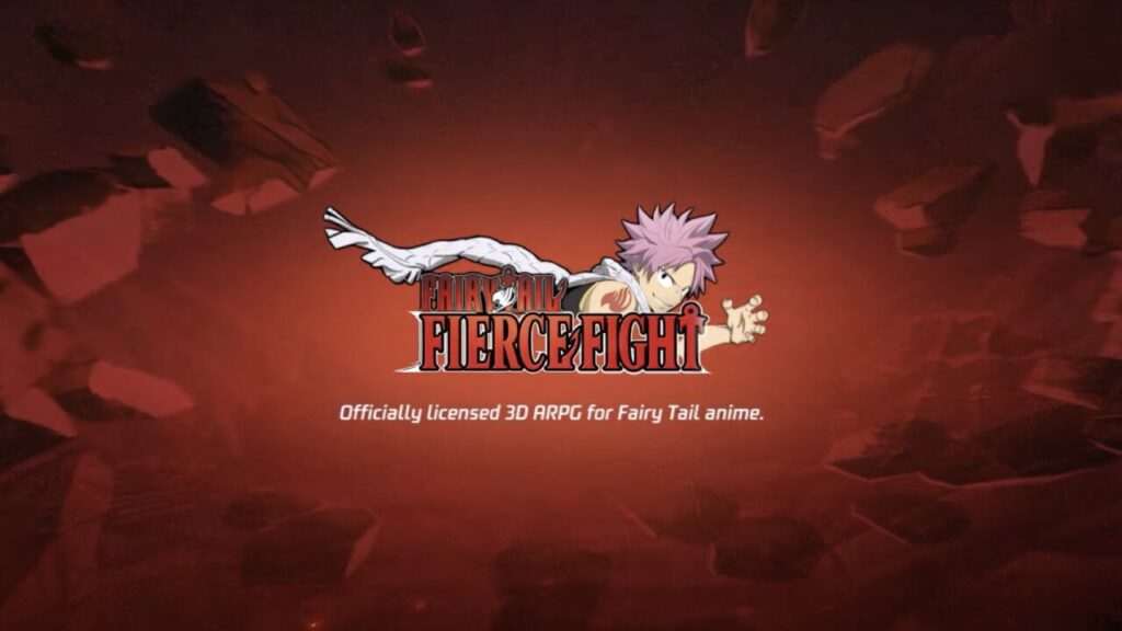 Fairy Tail Fierce Fight game splash screen with fiery backdrop