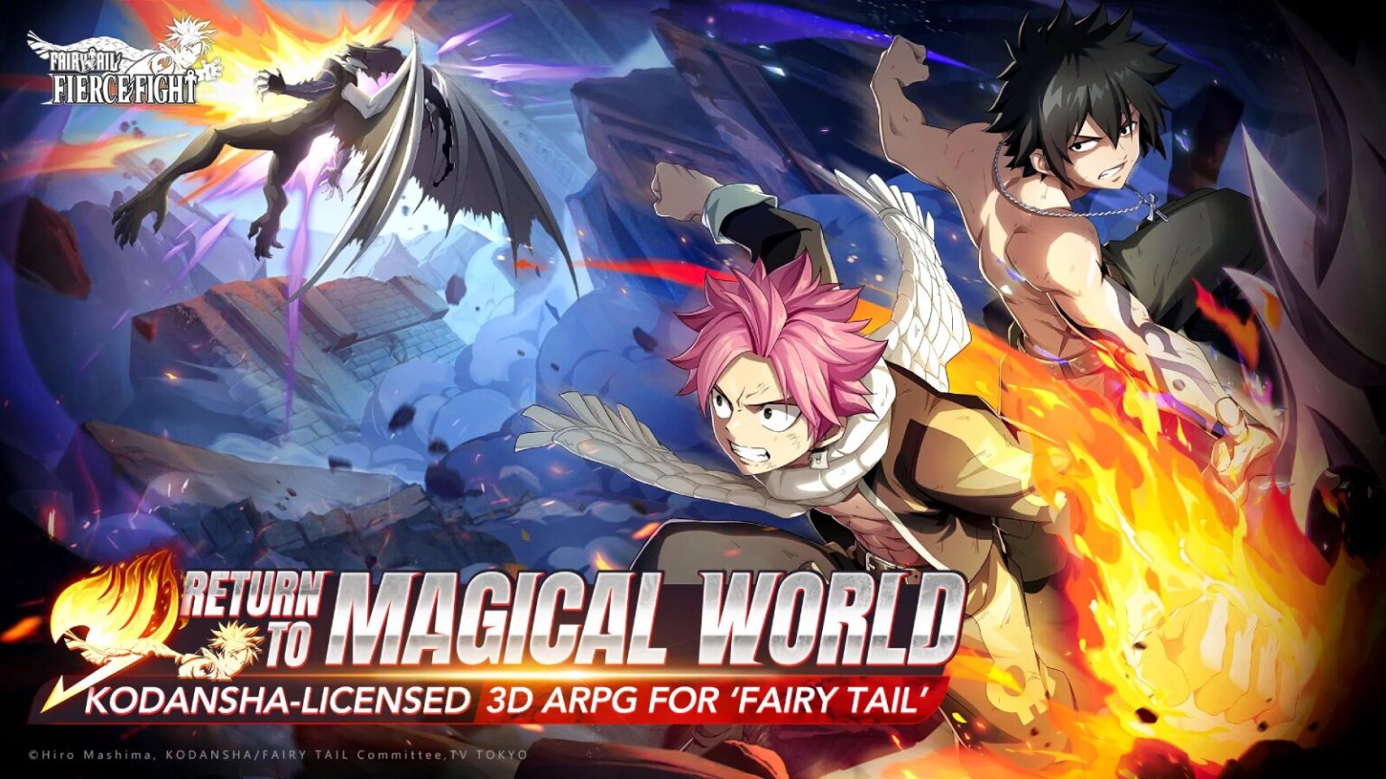 Fairy Tail Anime game promotion with fiery action and characters