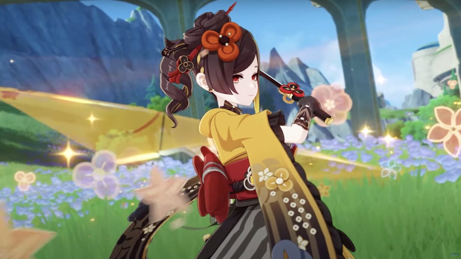 Genshin Impact Version 4.5 character wields sword amid blooming flowers