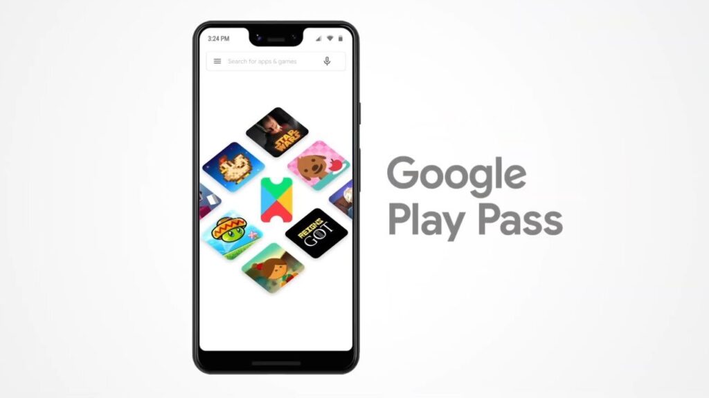 Mobile screen showcases Google Play Pass 2024 with game icons