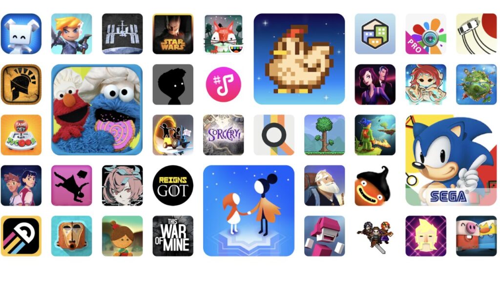 Collection of various Google Play Pass games app icons displayed