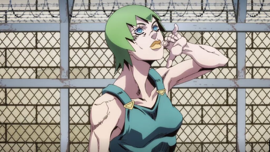 Green-haired character poses thoughtfully in JoJo's Anime scene