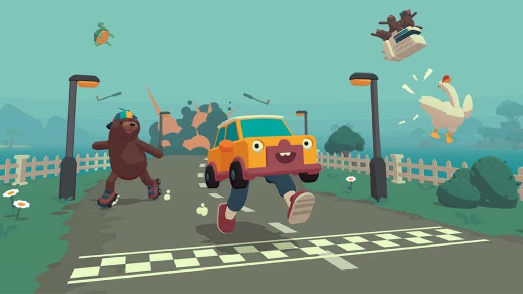 Apple Arcade game depicts bear racing car and startled airborne animals