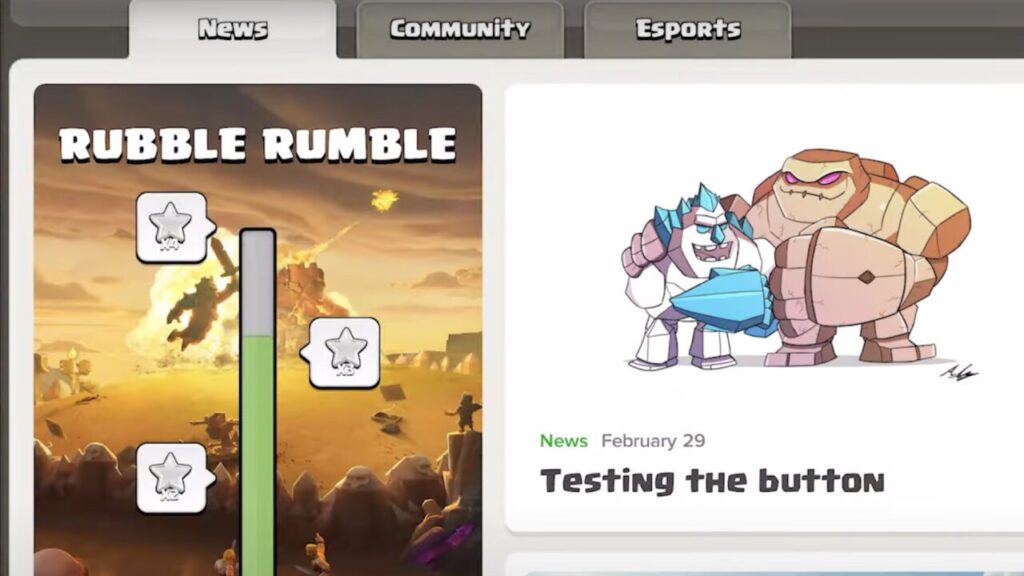 COC Rubble Rumble screen showcases characters and a news update