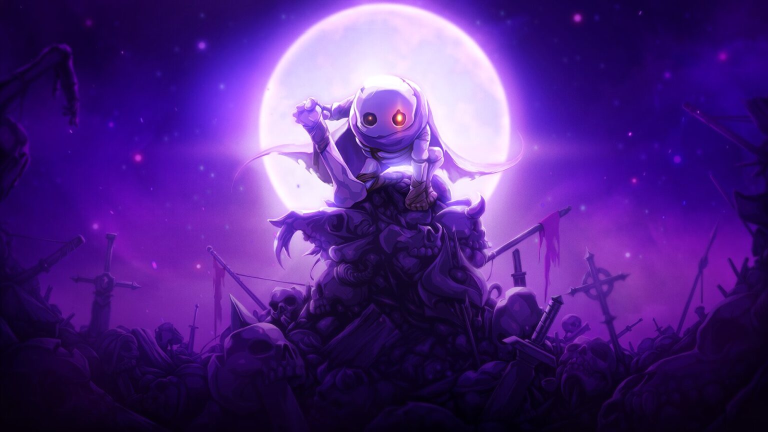 Skul stands atop bones under moonlight in Skul: The Hero Slayer Mobile