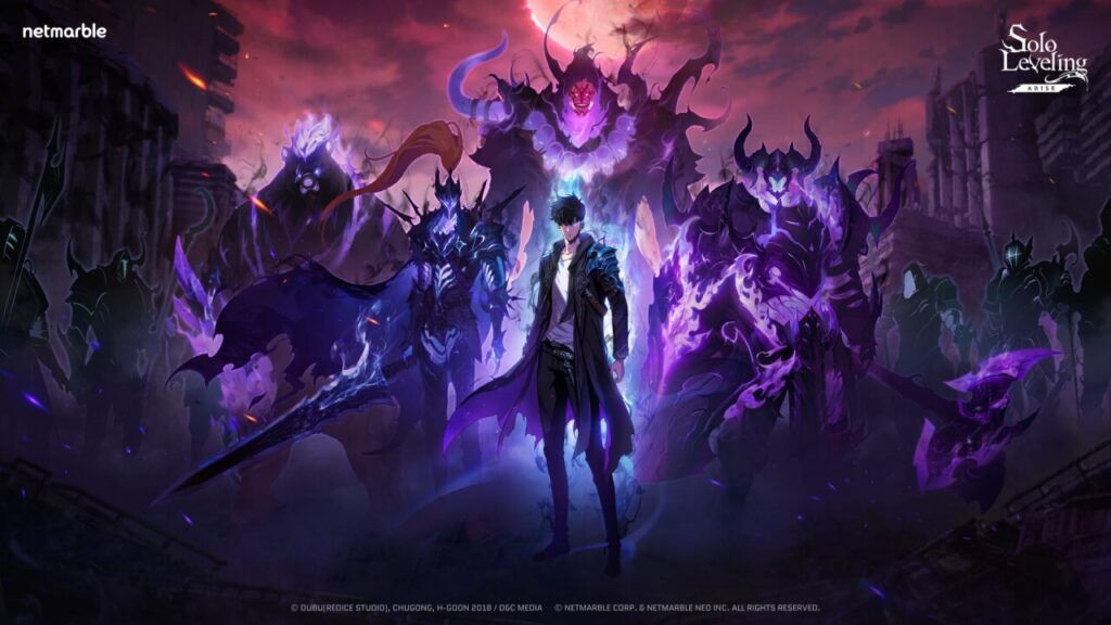 Solo Leveling hero stands with summoned beasts under a violet sky