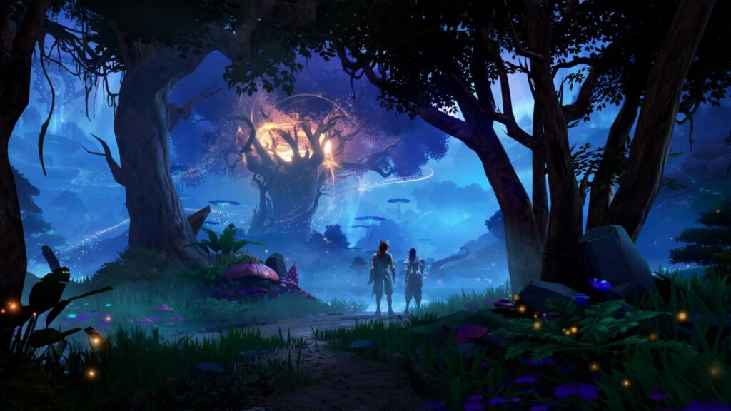 Adventurers marvel at Tarisland mobile's glowing forest under a twilight canopy.