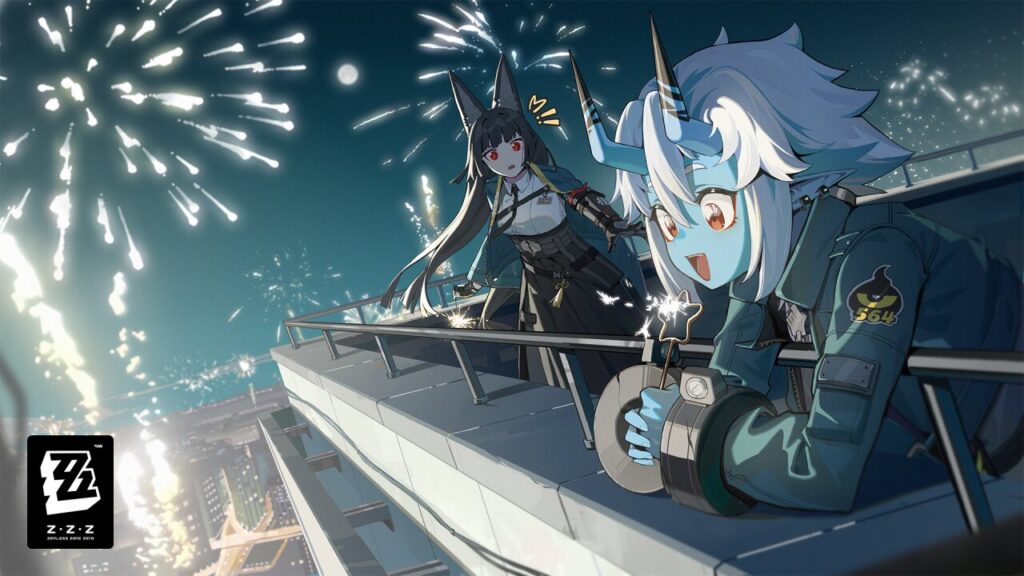 Two ZZZ Android characters enjoy fireworks from a high rooftop