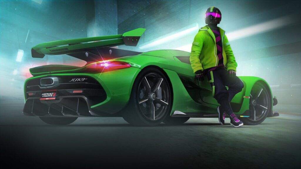 Racer leans on a green supercar in this intense racing game
