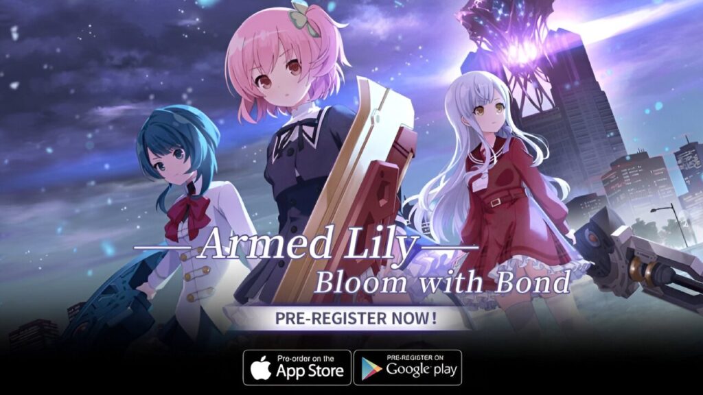 Assault Lily game ad invites pre-registration under a night sky