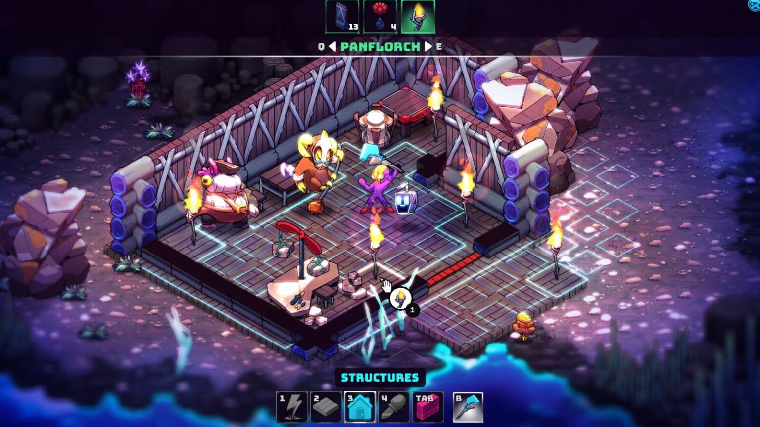 Colorful characters engage in Crashlands 2, vibrant isometric game setting