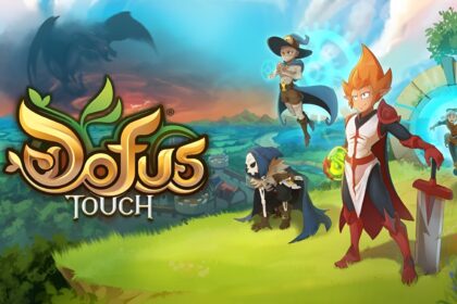 Dofus Touch Mobile game features animated characters in a vibrant fantasy landscape