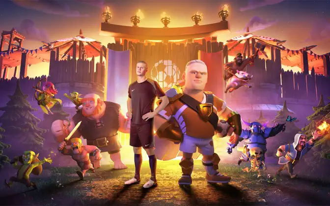 Clash of Clans Barbarian King stands with animated warriors