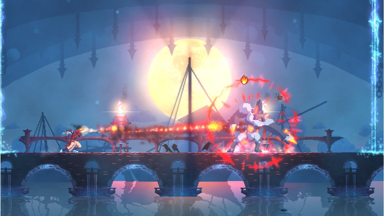 Pixel-art warrior battles large foe in mobile game like Dead Cells