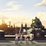 Heroes stand ready, sunset behind Goddess Order fantasy cityscape