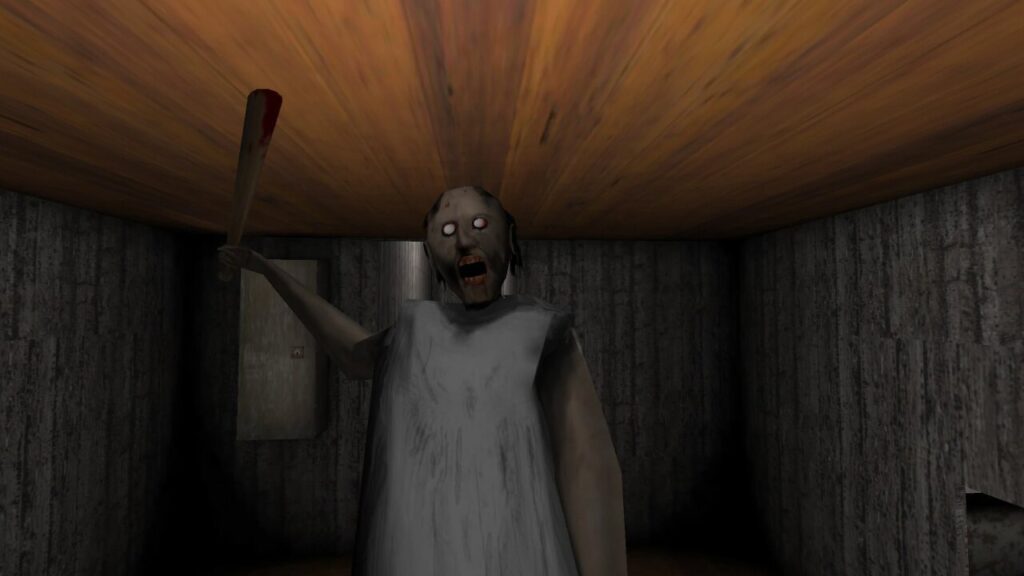 Creepy figure with bat in a dimly lit room, horror game