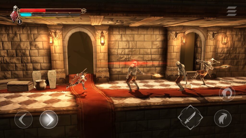 Warrior battles enemies in a castle's corridor in free mobile adventure game
