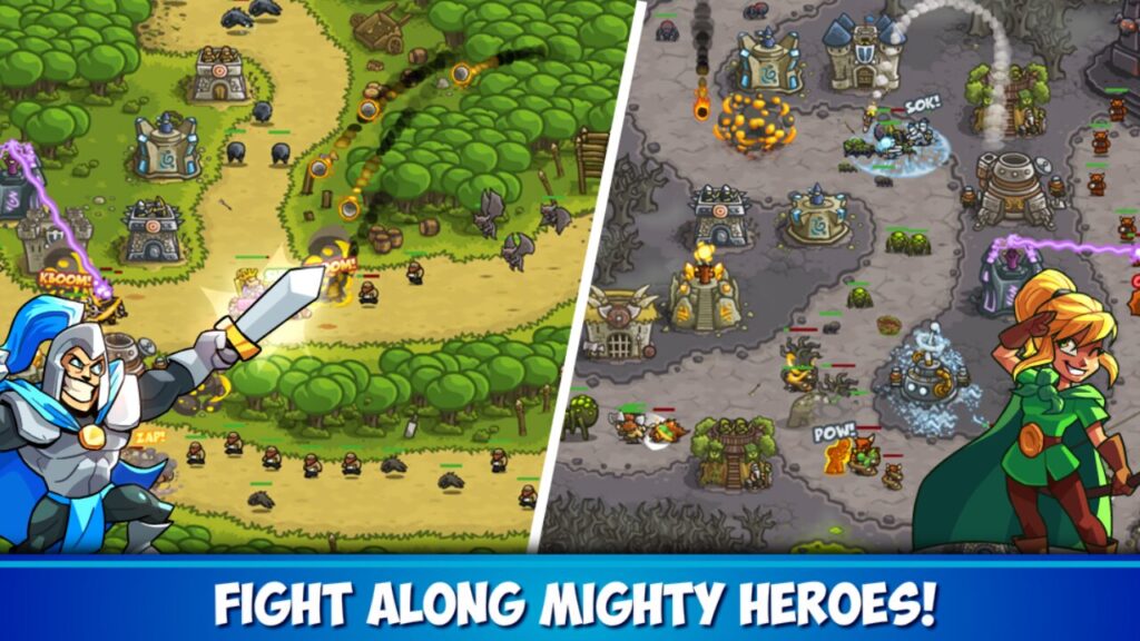 Heroes defend towers against waves in colorful strategy game