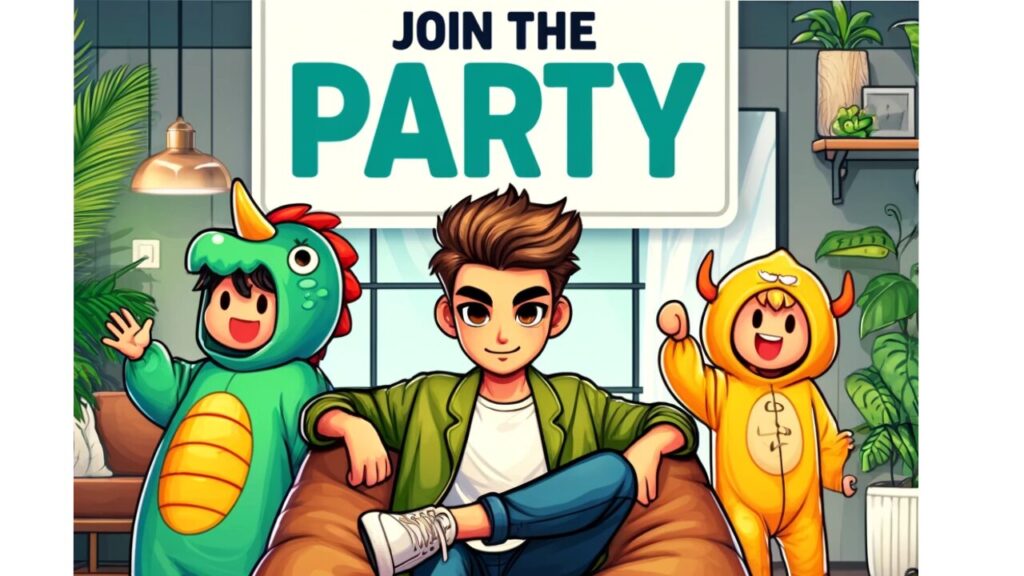 Life Party game invites with cheerful costumes and lively vibes