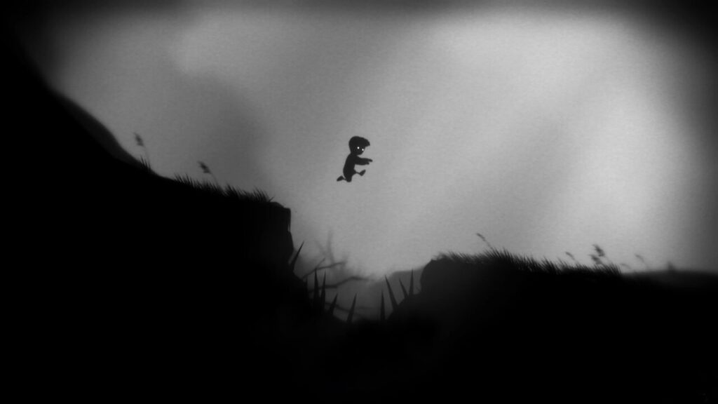 Silhouetted child leaps across a chasm in offline puzzle mobile game