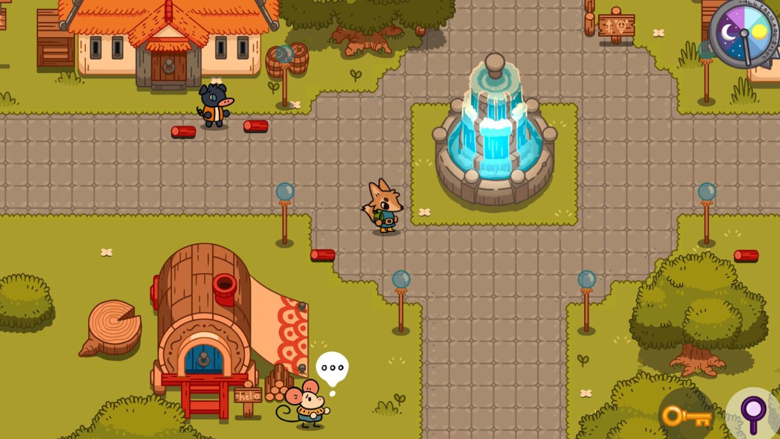 Lonesome Village scene shows a quaint town square with a fountain