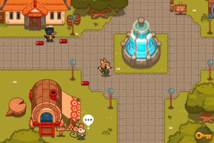 Lonesome Village scene shows a quaint town square with a fountain