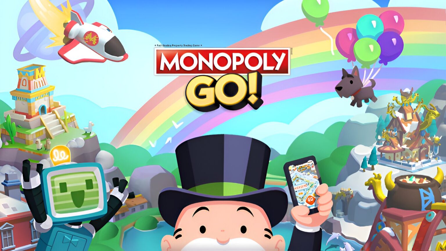 Monopoly Go character celebrates beneath game's logo
