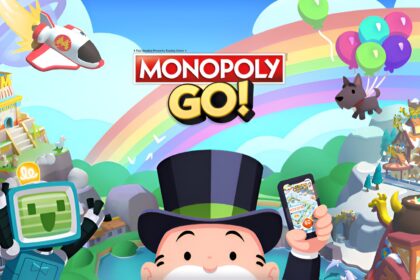 Monopoly Go character celebrates beneath game's logo