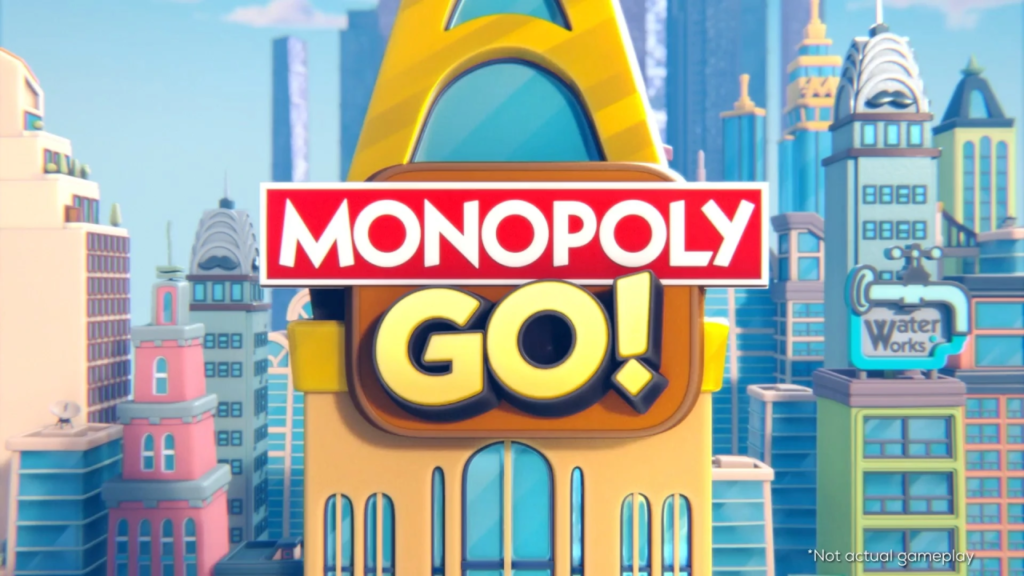 Monopoly Go sign towers over city
