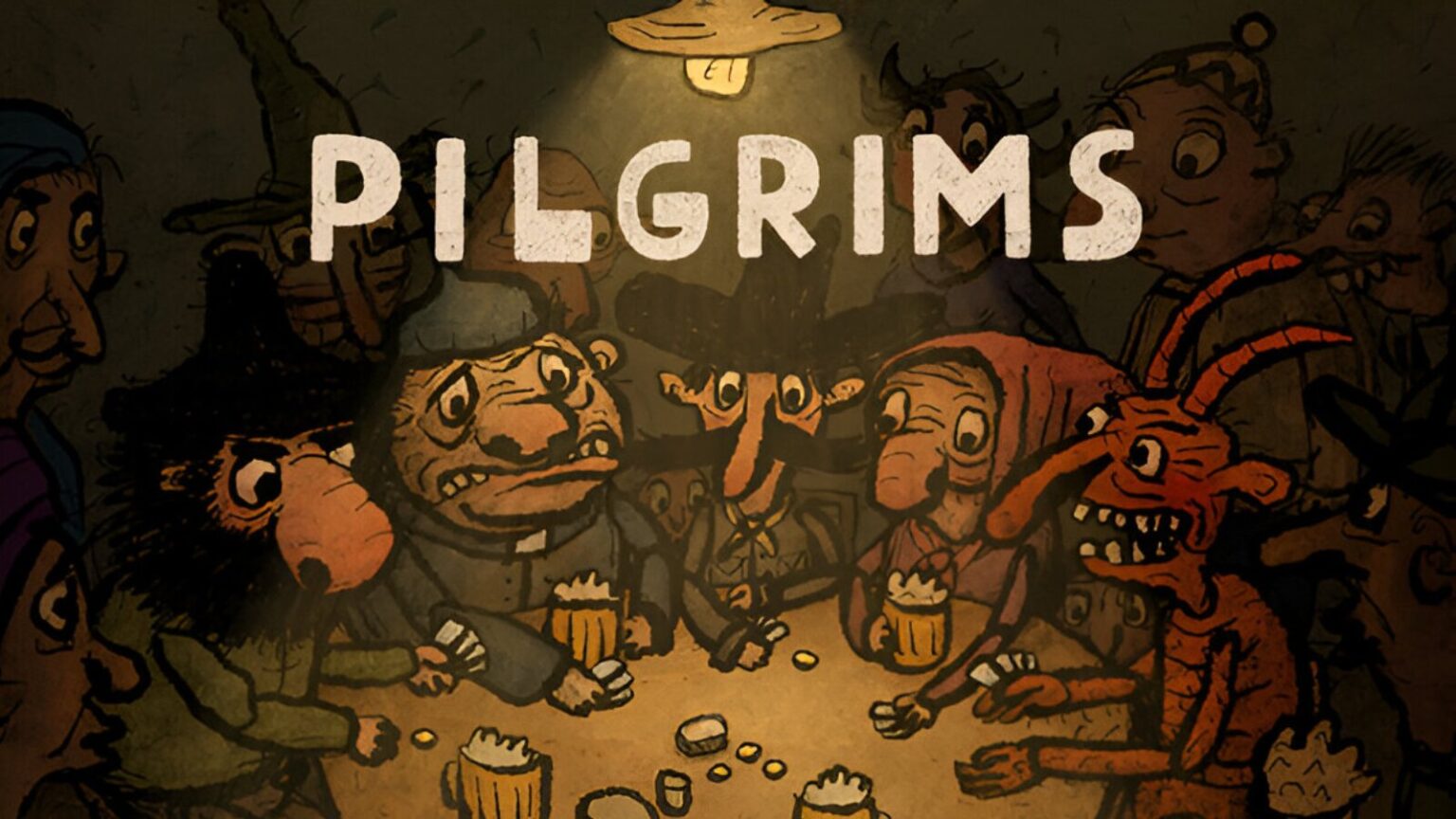 Characters gather joyously in Pilgrims mobile game